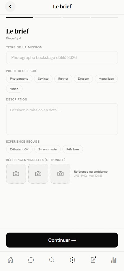 Écran « Le brief » de l'app Nonchalance — création d'une mission