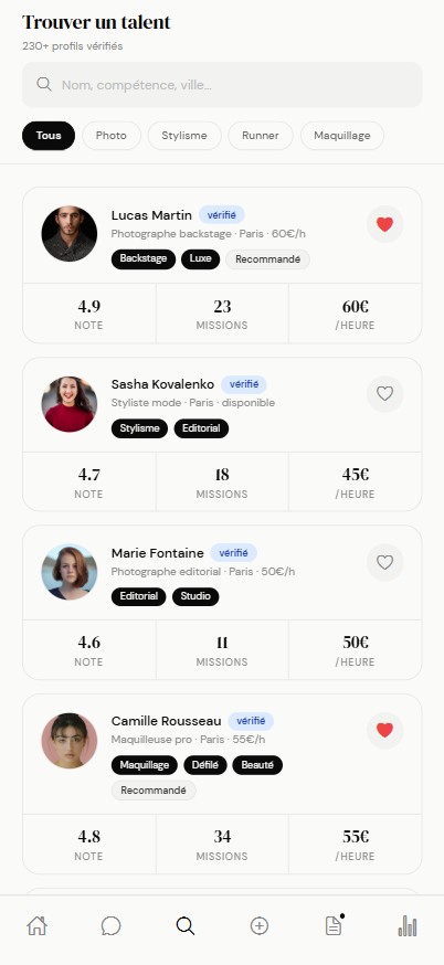Écran « Trouver un talent » de l'app Nonchalance — catalogue de profils vérifiés
