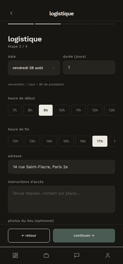 L'étape « logistique » du brief dans l'application : date, durée, horaires, adresse et instructions d'accès