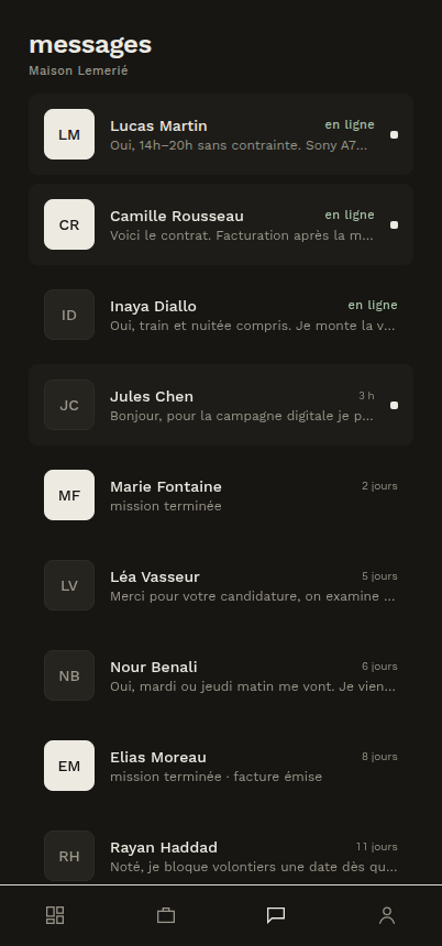 La messagerie de l'application côté marque : la liste des conversations avec les talents, dernier message et date