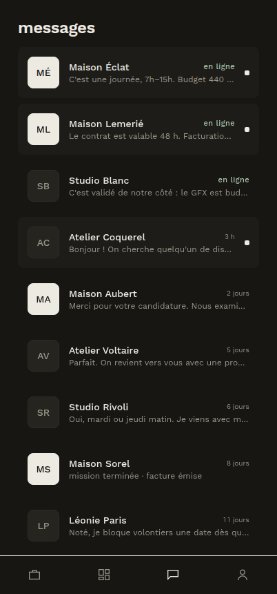 La messagerie de l'application côté créatif : les maisons qui vous écrivent, mission par mission